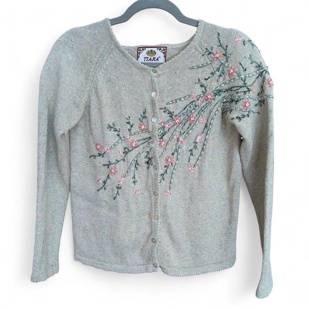 Vintage Tiara knit Green & pink floral embroidered cardigan size PS